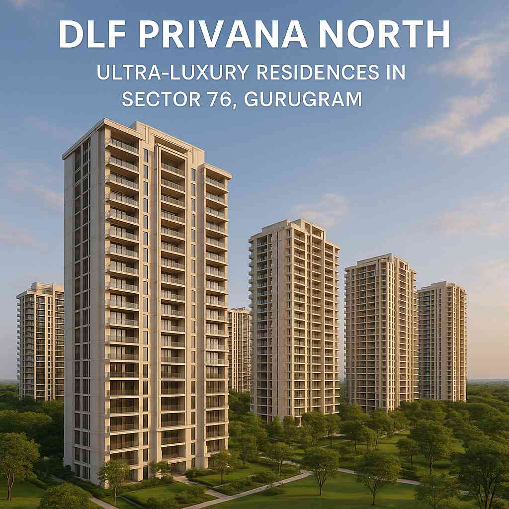 High-rise luxury residential towers of DLF Privana North in Sector 76, Gurugram, surrounded by lush green landscapes.